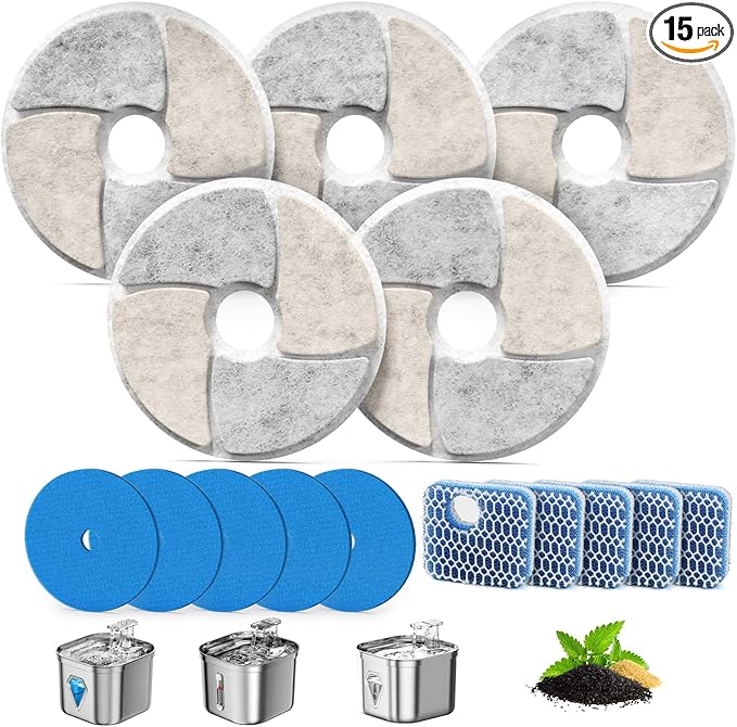 Cat Pet Water Fountain Filters, 5 Pack Replacement Filters Fit for Square 2.2L/73oz Automatic Pet Fountain, Diameter 4.1 Inch Filter with Triple Filtration System (5+5+5)