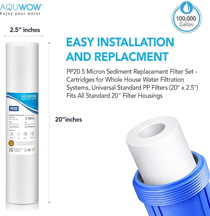 PP20 5 Micron 2.5" x 20" Filter Set – Sediment Replacement Cartridges for Whole House Water Filtration Systems, Universal Standard PP Filters (4, 20 x 2.5)