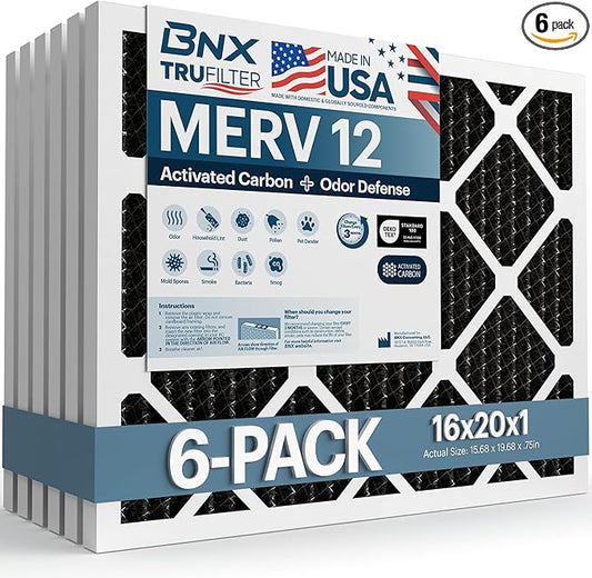 BNX TruFilter 16x20x1 MERV 12 Odor Defense (6-Pack) AC Furnace Air Filter with Activated Carbon - MADE IN USA - Pleated Air Conditioner HVAC AC Furnace Filters - Removes Odor, Mold, Bacteria, Smoke