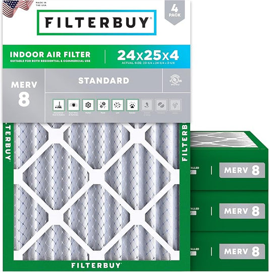 Filterbuy 24x25x4 Air Filter MERV 8 Essential Dust & Allergy Defense (4-Pack), Electrostatic Pleated HVAC AC Furnace Filters Replacement, Made in USA (Actual Size: 23.75 x 24.75 x 3.63)