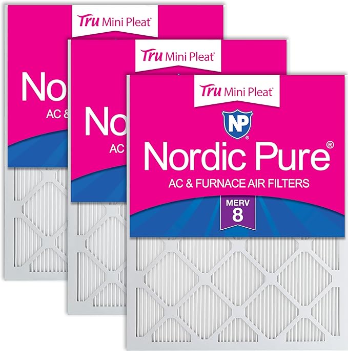Nordic Pure 16x20x1 (Actual Size: 15 1/2 x 19 1/2 x 3/4) Tru Mini Pleat MERV 8 AC Furnace Air Filters - 2.5X More Media for Longer-Lasting, High-Efficiency Filtration - 3 Pack