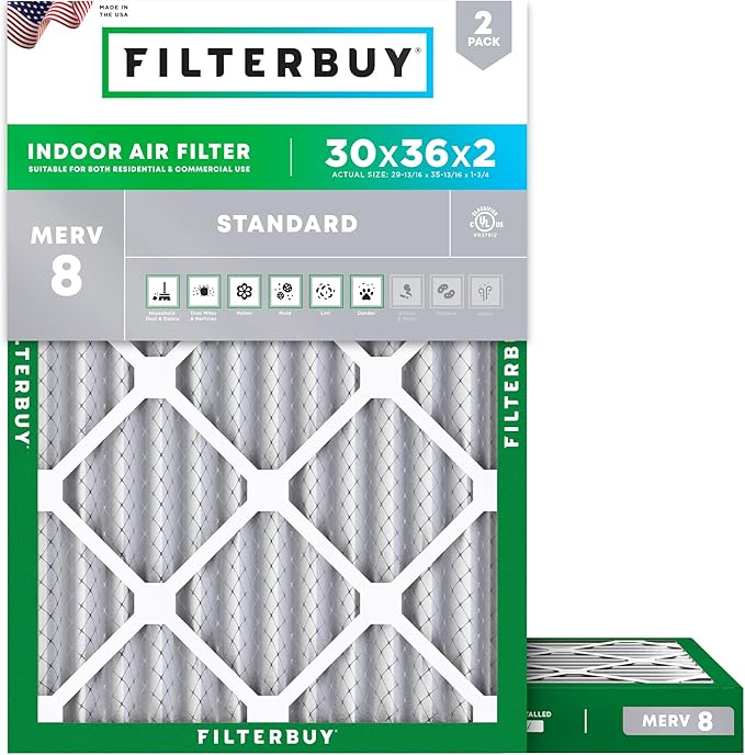 Filterbuy 30x36x2 Air Filter MERV 8 Essential Dust & Allergy Defense (2-Pack), Electrostatic Pleated HVAC AC Furnace Filters Replacement, Made in USA (Actual Size: 29.81 x 35.81 x 1.75)