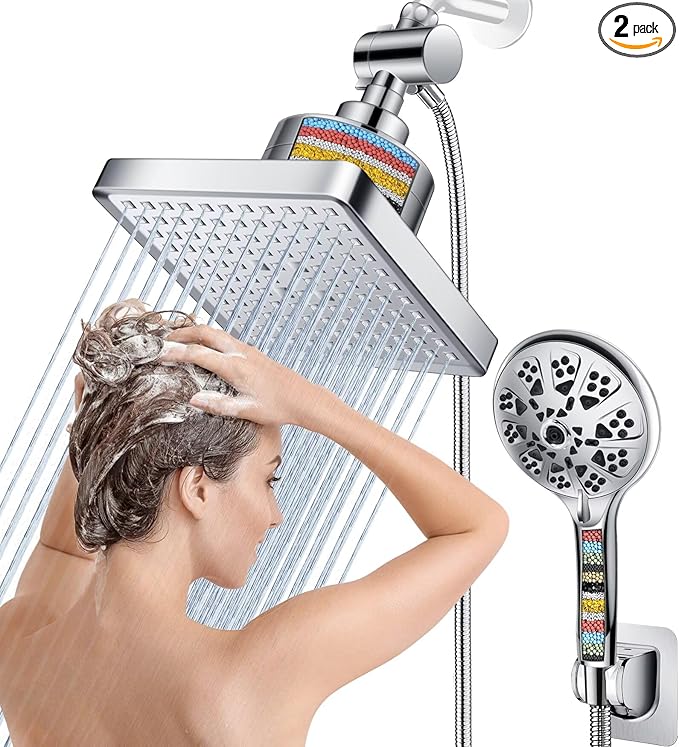 Dual Filtered Rain Shower Head Combo, High Pressure 10 Modes Handheld Shower Head Built in Water Filtration, 6 inch Rainfall Shower Head with Filter for Hard Water