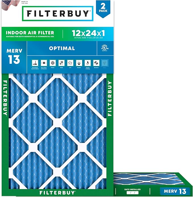 Filterbuy 12x24x1 Air Filter MERV 13 Optimal Smoke & Allergy Defense (2-Pack), Electrostatic Pleated HVAC AC Furnace Filters Replacement, Made in USA (Actual Size: 11.50 x 23.50 x 0.75)