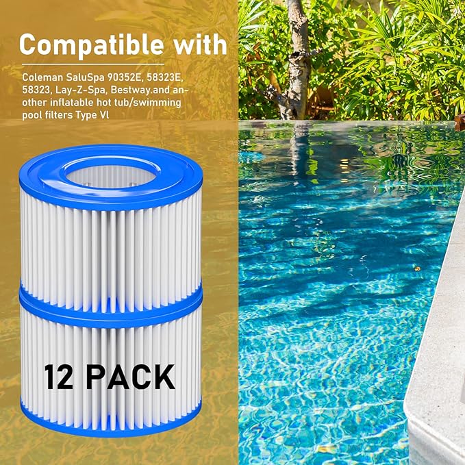 Type Ⅵ Hot Tub Spa Filter Replacement Compatible with Lay-Z-Spa, Coleman SaluSpa 90352E 58323, Inflatable Hot Tub, Swimming Pool Pump Filter Type Ⅵ Cartridge, 12 Pack
