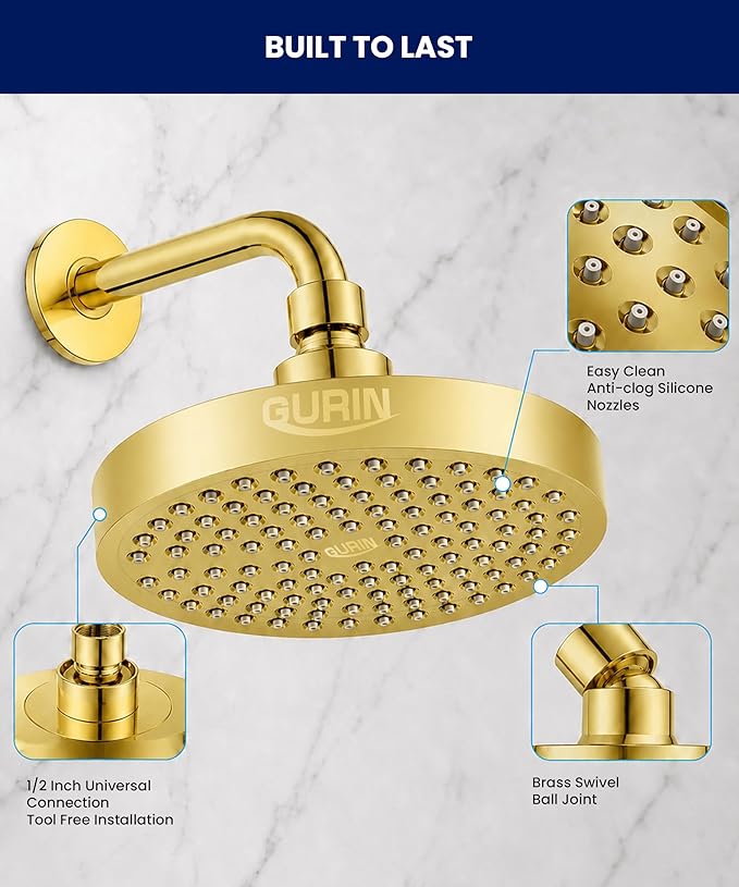 GURIN Shower Head - Powerful High Pressure Rain Shower Head 6 Inch - Luxury Rainfall Showerhead with Adjustable Angles, 90 Anti-Clog Nozzles, Tool-Free 1-Min Install, Premium Gold Plated Finish
