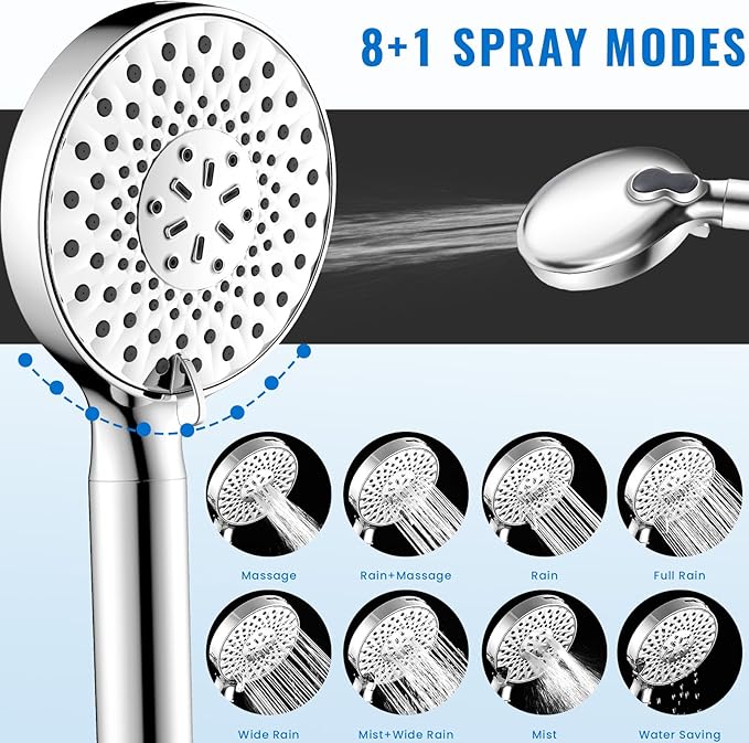 Ryamen Filtered Shower Head with Handheld, High Pressure 9-Spray Modes Detachable Shower Head with Filter for Hard Water-Remove Chlorine & Impurities, Improve Skin & Hair Health, 2 Filters, Chrome