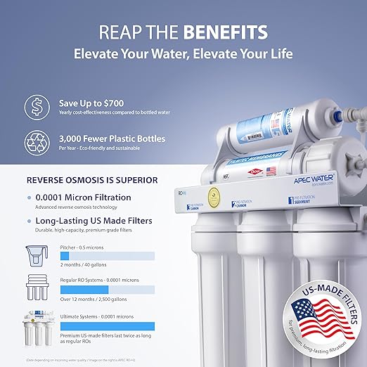 APEC Water RO-90, 5-Stage Under Sink Reverse Osmosis Water Filter System, NSF Certified 372 & 58, 90 GPD, Reduces 99% of Impurities