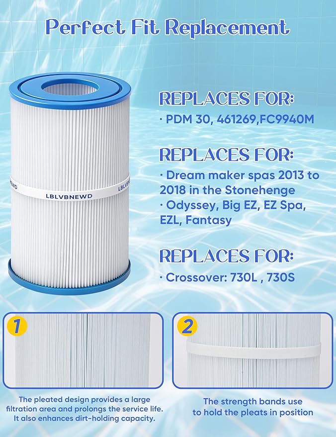 30 sq.ft PDM30 Oval Filter Spa Filter Compatible with Dream Maker 461269, Filbur FC9940M and Odyssey, Big EZ, EZL, Crossover 730L, 730S Hot Tub Filter Cartridge - 2 Packs