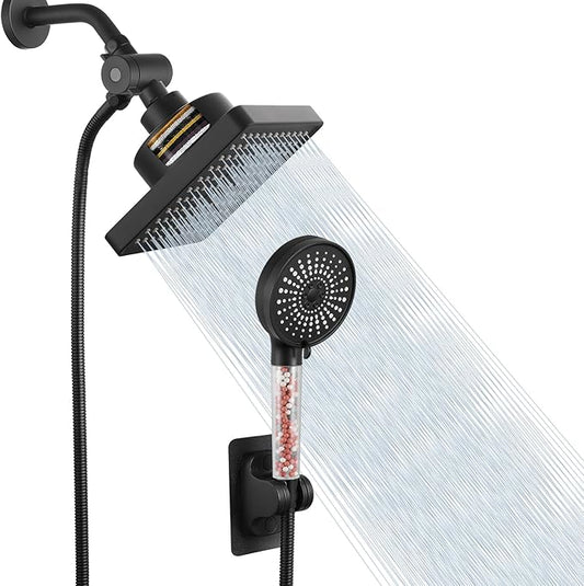 Filtered Shower Head with Handheld Combo, High Pressure Rain Showerhead Filter for Remove Chlorine and Harmful Substances, with Self-adhesive Holder/59" Hose, Matte Black