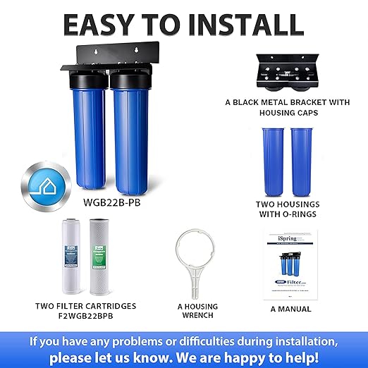 iSpring Lead-Reducing Whole House Water Filter System, Also Targets Chlorine, Taste, and Odor, 2-Stage Commercial-Grade 20" x 4.5" Industry Standard-Sized Filters, 1" Inlet/Outlet, Model: WGB22B-PB