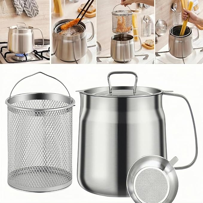 50oz 304 Stainless Steel Deep Fryer Pot with Basket & Strainer, Large Capacity Bacon Grease Container for Kitchen,Frying, Cooking, Camping,Oil Filter Container - Dishwasher Safe (50oz/1.5L/1.7Qt)