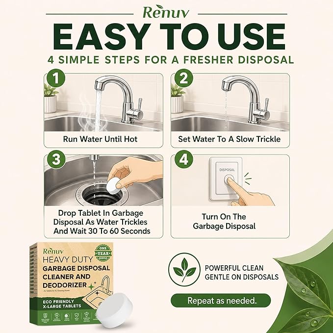 Renuv® Garbage Disposal Cleaner and Deodorizer Tablets Drain Freshener, Foaming Citrus Scent, Sink Odor Refresher for Kitchen Garbage Disposer Cleaning (12 XL Tablets - One Year Supply)