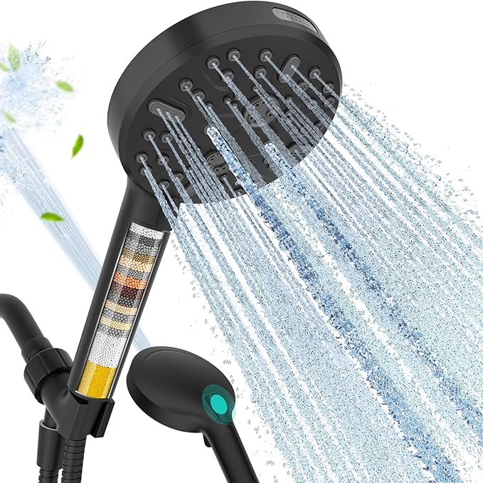 Filtered Shower Head with Handheld - High Pressure 9 Spray Modes Showerhead with 16-Stage Water Softener for Hard Water - Purifying Detachable Hand Held Shower Head, Matte Black