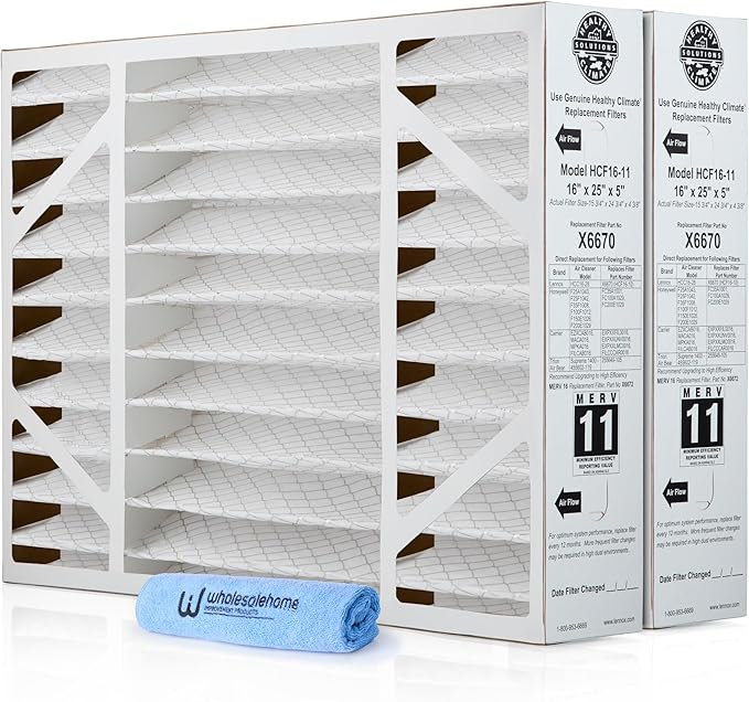 Lennox X6670 16x25x5 Air Filter MERV 11 HVAC AC Furnace Filters, Lennox Healthy Climate Filter for Home with Cleaning Cloth, 2-Pack (Actual Size: 15.75 x 24.75 x 4.38 Inches)