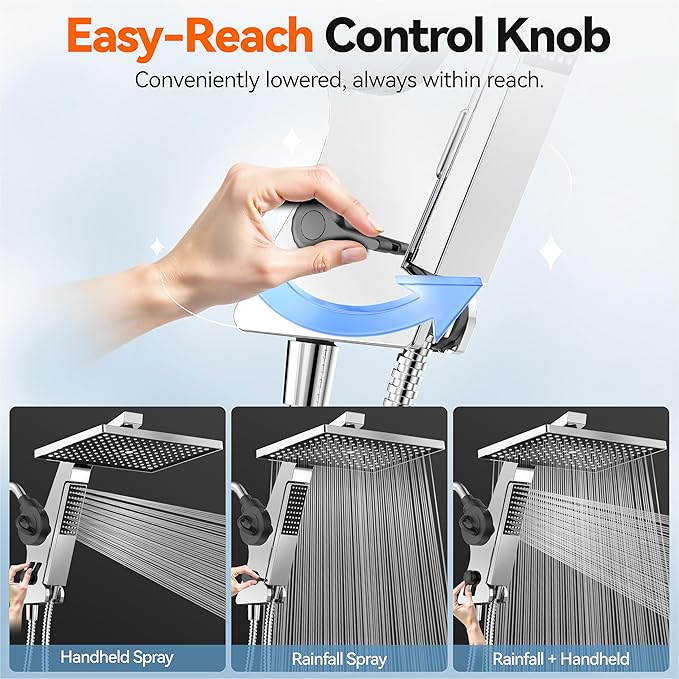 MakeFit Filtered Rain Shower Head with Handheld Combo High Pressure 12'' Rainfall Shower Heads & Hidden Detachable Wand Dual Showerhead Water Softener for Hard Water Easy Filter Replacement