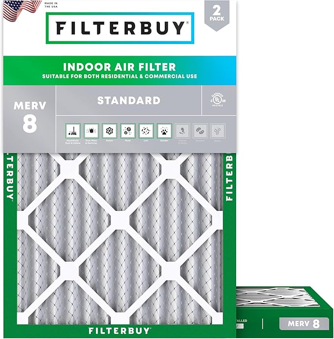 Filterbuy 18x25x2 Air Filter MERV 8 Essential Dust & Allergy Defense (2-Pack), Electrostatic Pleated HVAC AC Furnace Filters Replacement, Made in USA (Actual Size: 17.50 x 24.50 x 1.75)