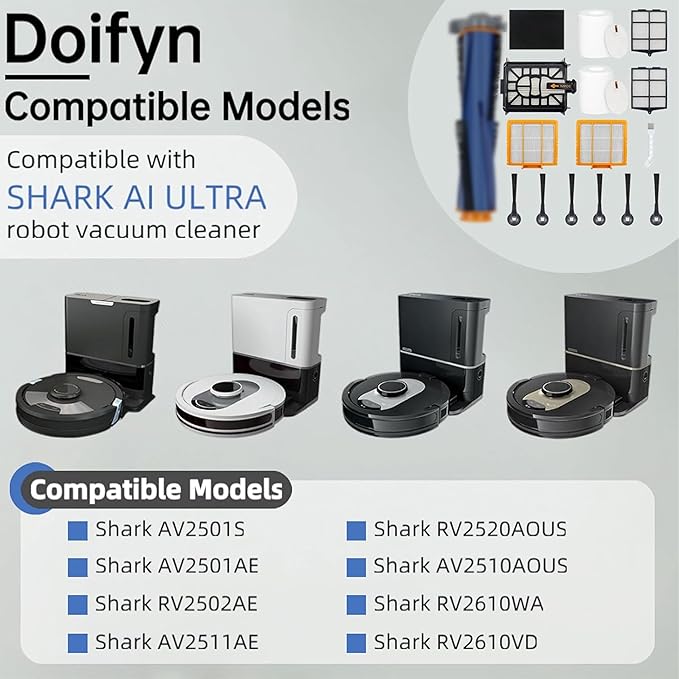 Replacement Parts Compatible with Shark AI AV2501S AV2511AE AV2501AE RV2502AE RV2610WA AV2510AOUS RV2520AOUS Robot Vacuum Cleaner, 2Main Brush, 4 motor pre-filters, 4Foam Filters, 8Side Brushes