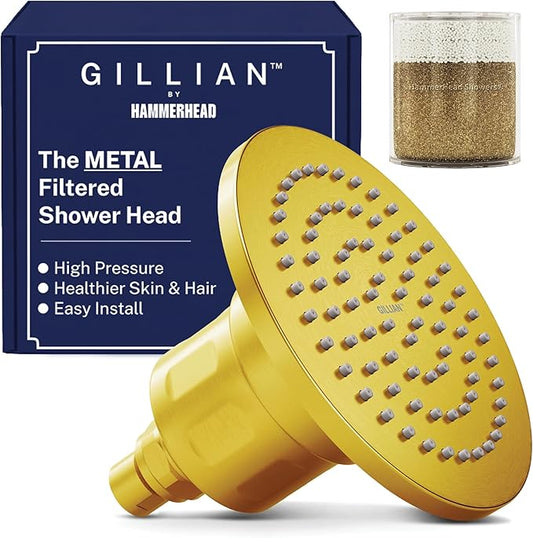 Gillian™ by HammerHead High Pressure Shower Head with Filter – Genuine KDF-55 Filtered Shower Head for Hard Water, Healthier Skin & Hair – Metal 6-Inch Rainfall Showerhead with Filters, Brushed Gold