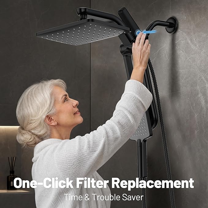 Dual Filtered Rainfall Handheld Shower Head Spray Combo, DAKINGS 7-Mode Shower Head With Handheld Spray Combination, Upgraded 11" High Flow Rain Handheld Spray Combo With Fixed Showerhead, Matte Black