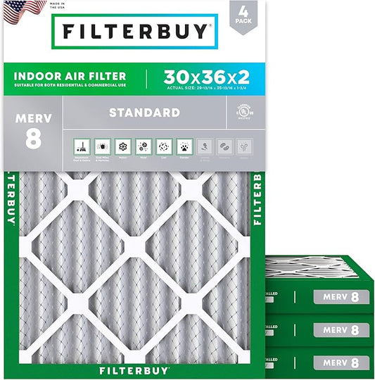 Filterbuy 30x36x2 Air Filter MERV 8 Essential Dust & Allergy Defense (4-Pack), Electrostatic Pleated HVAC AC Furnace Filters Replacement, Made in USA (Actual Size: 29.81 x 35.81 x 1.75)