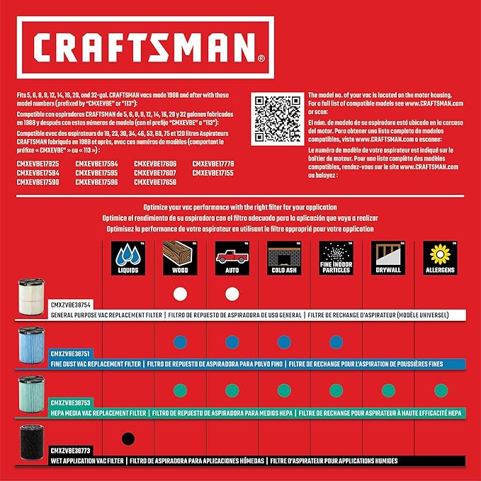 CRAFTSMAN CMXZVBE38777 Genuine HEPA Media Wet Dry Vac Replacement Vacuum Filter for Most 5 to 20 Gallon CRAFTSMAN Shop Vacuums, Easy Installation and Traps Allergens, 2-Pack