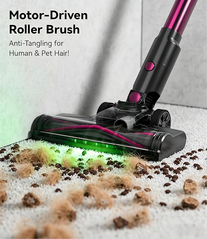 Cordless Vacuum Cleaner for Home,600W 40000PA 70Mins, Self-Standing,Powerful Suction Anti-Tangle Long&Pet Hair, Easily Picks Up Hard/Soft Debris for All Surfaces:Hardwood Floors,Tile,Carpet (Rose Red)
