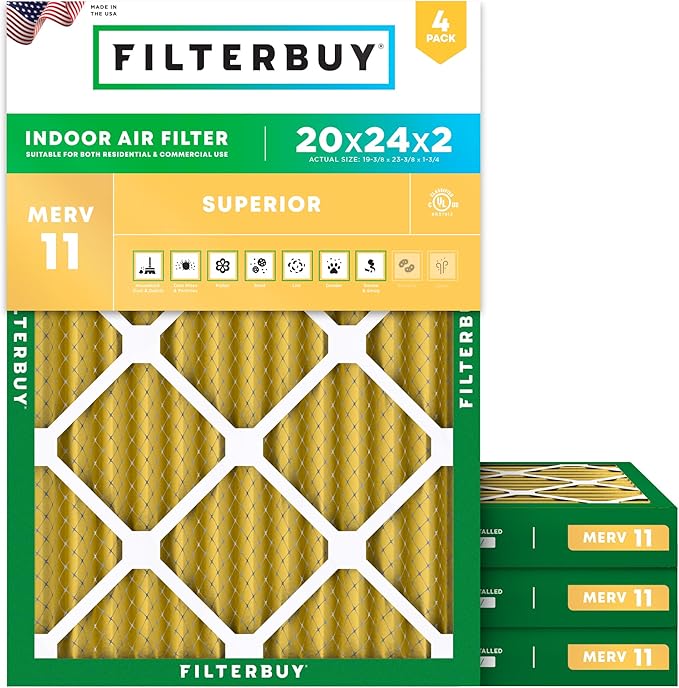 Filterbuy 20x24x2 Air Filter MERV 11 Superior Pet & Allergy Defense (4-Pack), Electrostatic Pleated HVAC AC Furnace Filters Replacement, Made in USA (Actual Size: 19.38 x 23.38 x 1.75)