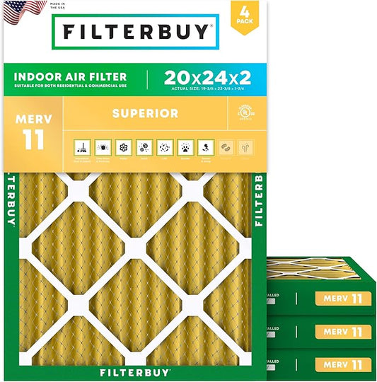 Filterbuy 20x24x2 Air Filter MERV 11 Superior Pet & Allergy Defense (4-Pack), Electrostatic Pleated HVAC AC Furnace Filters Replacement, Made in USA (Actual Size: 19.38 x 23.38 x 1.75)