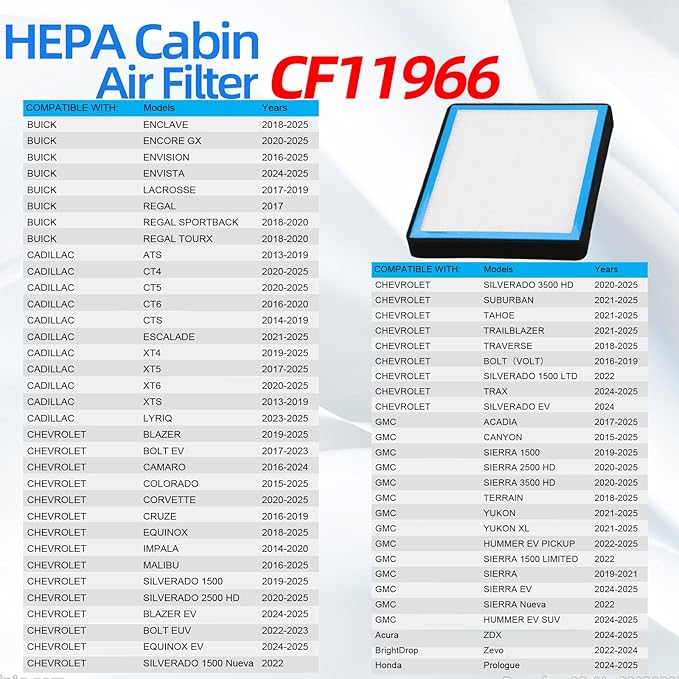 CF11966 Cabin Air Filter with Nutshell Activated Carbon Compatible with Chevy Silverado 1500 2500 3500 HD Cruze Equinox Tahoe Colorado Impala Malibu Blazer Traverse & Buick Cadillac GMC 2016-2025.