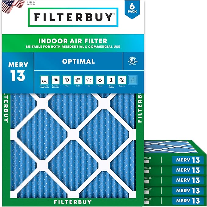 Filterbuy 12x16x1 Air Filter MERV 13 Optimal Smoke & Allergy Defense (6-Pack), Electrostatic Pleated HVAC AC Furnace Filters Replacement, Made in USA (Actual Size: 11.50 x 15.50 x 0.75)