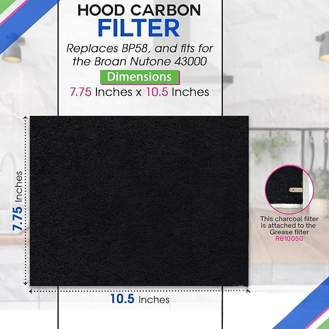 Range Hood Charcoal Filter 7.75” x 10.5” - Fits Broan and Nutone BP58 For 43000 Series Range Hoods - Broan Range Hood Filter Replacement - Carbon Stove Vent Fan Filters Removes Kitchen Odors (6-Pack)