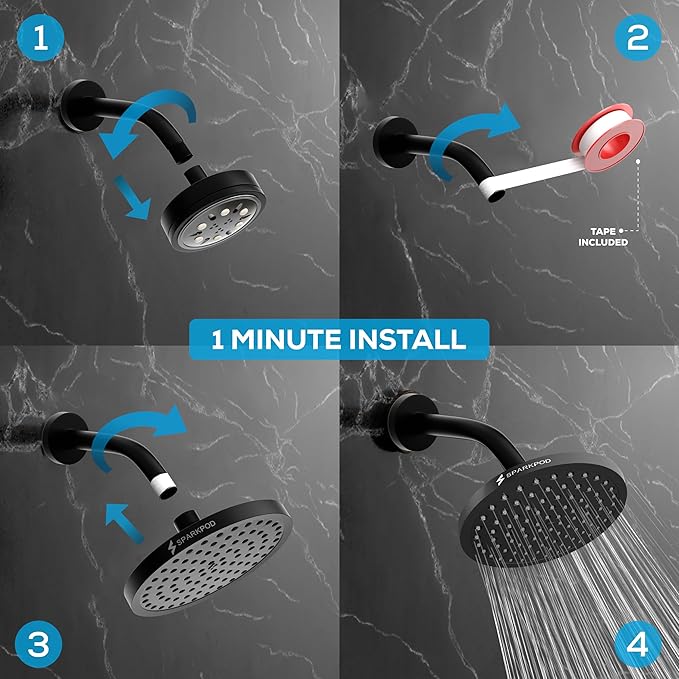SparkPod Shower Head - High Pressure Rain - Premium Quality Luxury Design - Easy Clean Adjustable Replacement for Your Bathroom Shower Heads (Midnight Black Matte, 8 Inch Round)