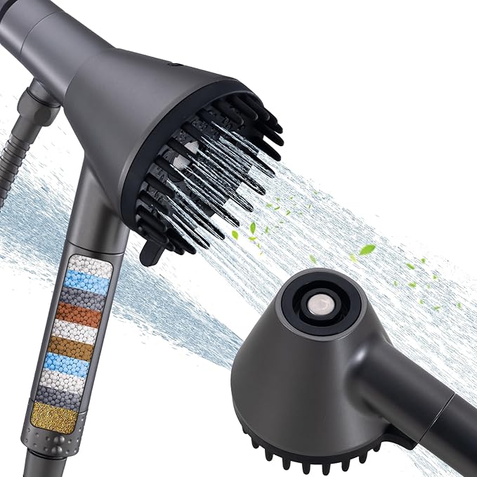 Ryamen 2026 Magnetic Filtered Shower Head with Handheld– High Pressure Showerhead with Power Wash Mode, Chlorine Removal, Massage Brush, Pressure Adjustable, One-Touch Pause (Gray)