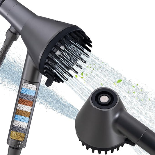 Ryamen 2026 Magnetic Filtered Shower Head with Handheld– High Pressure Showerhead with Power Wash Mode, Chlorine Removal, Massage Brush, Pressure Adjustable, One-Touch Pause (Gray)