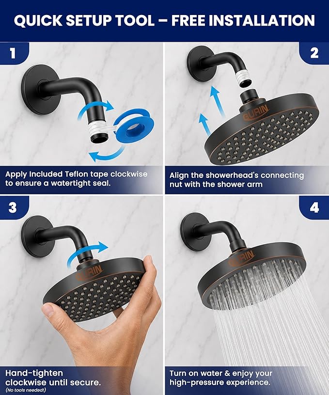 GURIN Shower Head - Powerful High Pressure Rain Shower Head 6 Inch - Luxury Rainfall Showerhead with Adjustable Angles, 90 Anti-Clog Nozzles, Tool-Free 1-Min Install, Premium Oil Rubbed Bronze Finish
