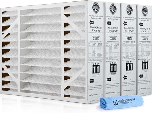 Lennox X6670 16x25x5 Air Filter MERV 11 HVAC AC Furnace Filters, Lennox Healthy Climate Filter for Home with Cleaning Cloth, 4-Pack (Actual Size: 15.75 x 24.75 x 4.38 Inches)