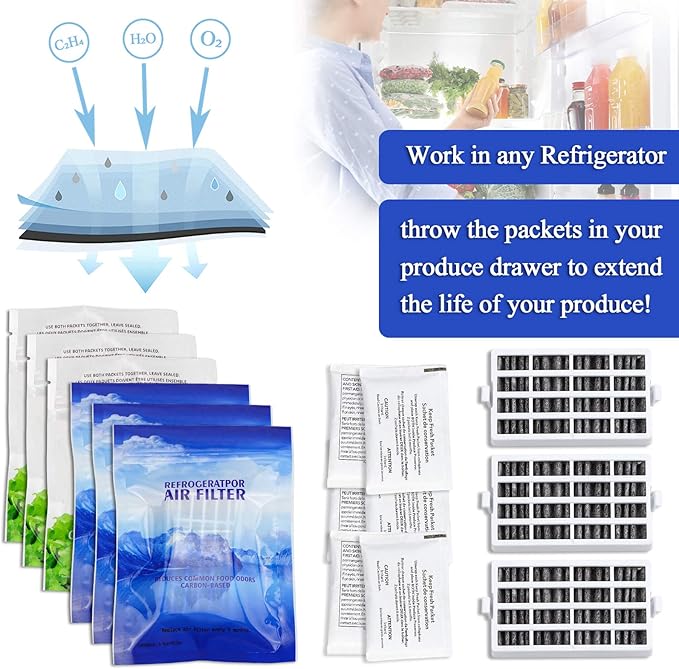 AMI PARTS W10311524 AIR1 Fresh Flow Air Filter & W10346771A Produce Preserver Replacement Compatible with Refrigerator (6 Packs)