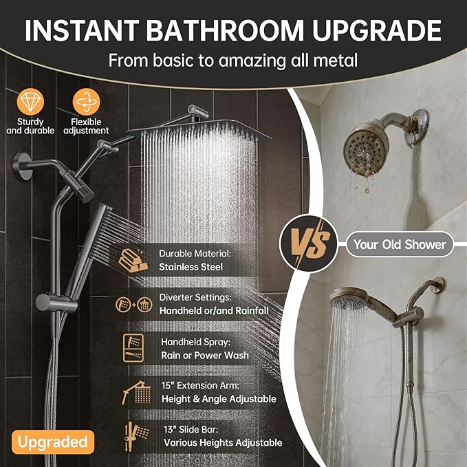 Veken All Metal 10" Gunmetal Gray Shower Head with Handheld, Luxurious Square Double Rain Shower Heads with Spray Combo, Dual High Pressure Detachable Rainfall Showerhead with Extension Arm, Long Hose