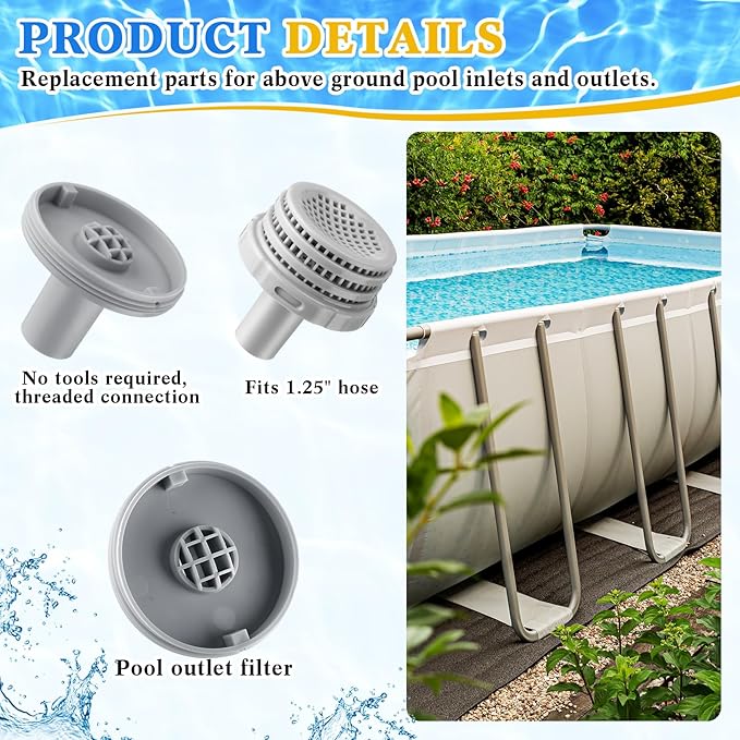 Pushglossy 3 Set Swimming Pool Water Jet Connectors Replacement Parts Kit with Pool Inlet and Outlet Strainers & Filter Hole Plugs for 25022e, 1.25 Inch Fittings, Above Ground Pools (Gray)