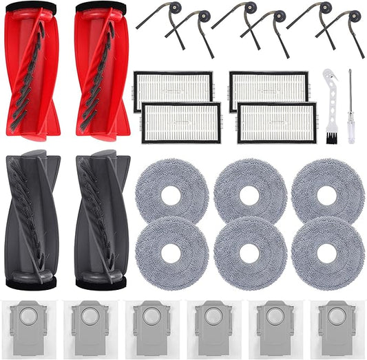 28 Pack Accessories Kit for Roborock Saros 20, Saros 10R, Qrevo CurvX, Curv 2 Pro, Qrevo Edge 2 Robot Vacuum Replacement Parts, 2 Main Brush, 4 Filters, 6 Side Brushes, 6 Mop Pads, 6 Dust Bags