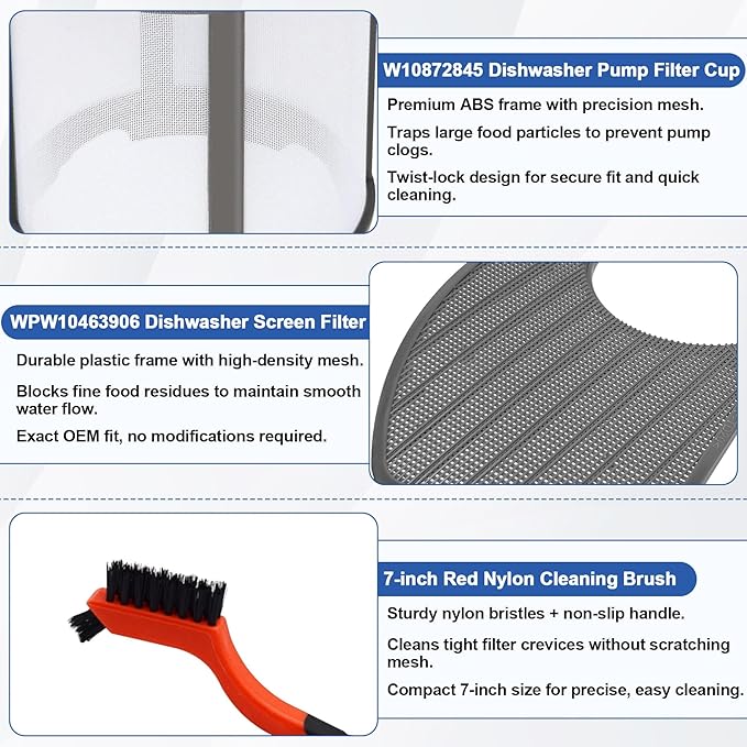 BigHead W10872845 Dishwasher Pump Filter Cup & WPW10463906 Screen Filter with Red Cleaning Brush Compatible with Whirlpool Kenmore KitchenAid Amana - Replaces AP6030094 PS11759673 AP6021820 PS11755148