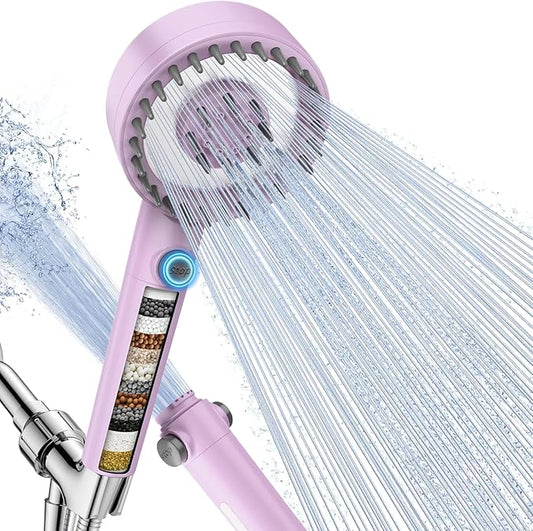 PWERAN Filtered Shower Head with Handheld, High Pressure 4 Spray Mode Showerhead with Filters, Water Softener Beads for Hard Water with ON/OFF Switch for Pets - Remove Chlorine (Purple, 5 Inch Panel)