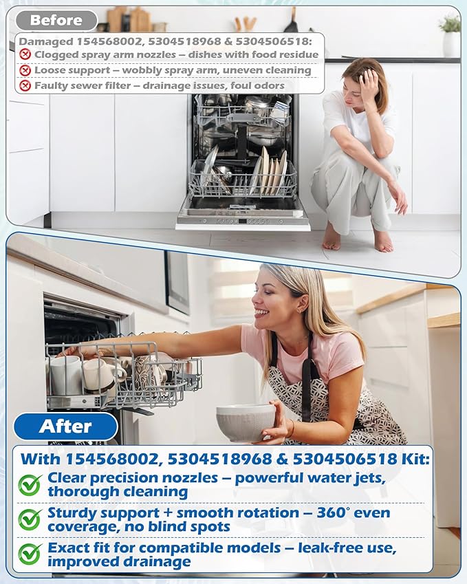 154568002 Dishwasher Lower Spray Arm -Complete with 5304518968 Support & 5304506518 Filter-Compatible with Frigidaire Electrolux Dishwasher Bottom Lower Spray Arm 5304517203 154250901 154414101