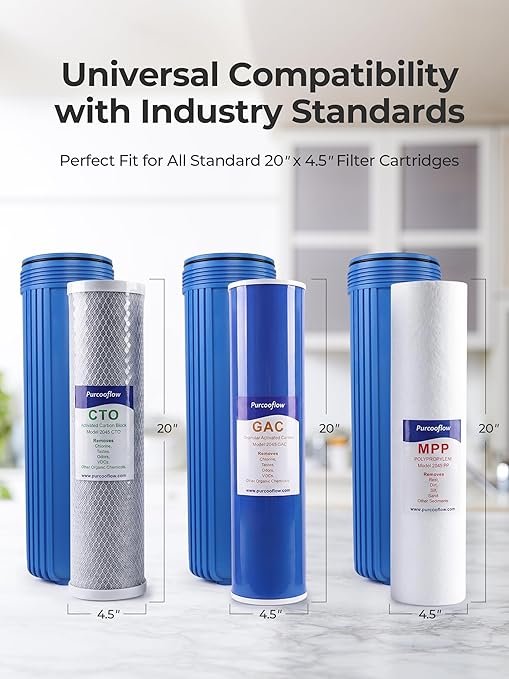3-Stage Whole House Water Filter System, 20x4.5 Inch, Dual Carbon (GAC & CTO) for Max Chlorine & Odor Reduction, 1" NPT Brass Ports, Drain Valves & Install Kit