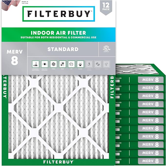 Filterbuy 16.5x21.5x1 Air Filter MERV 8 Essential Dust & Allergy Defense (12-Pack), Electrostatic Pleated HVAC AC Furnace Filters Replacement for Bryant and Carrier (Actual Size: 16.50 x 21.50 x 0.75)