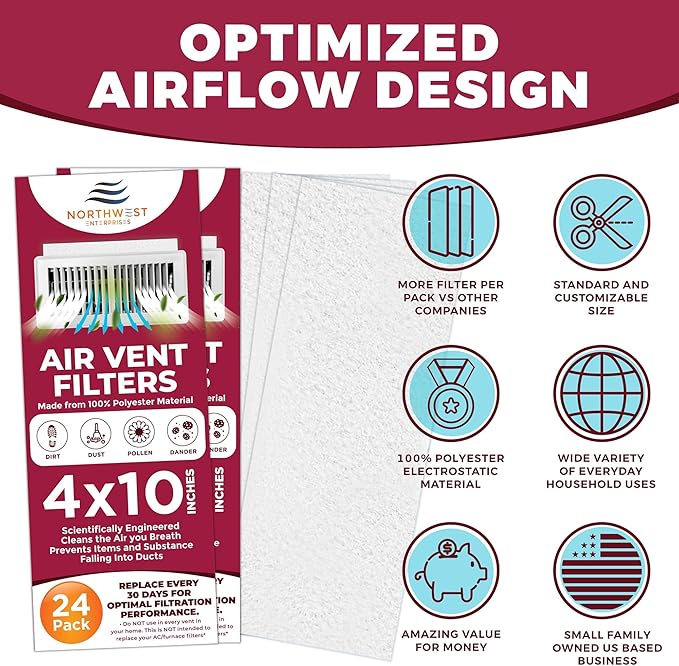 NORTHWEST ENTERPRISES Vent Filters, 48 Floor Vent Register Filters - 4"x10", 90 Day Filtration