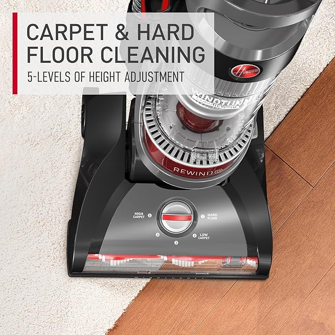 Hoover WindTunnel Cord Rewind Pro Bagless Vacuum Cleaner, Corded Upright Vacuum Cleaner for Carpet and Hard Floor, Multi-Cyclonic Filtration, 25ft Auto-Rewind Cord, 5-Height Adjustment