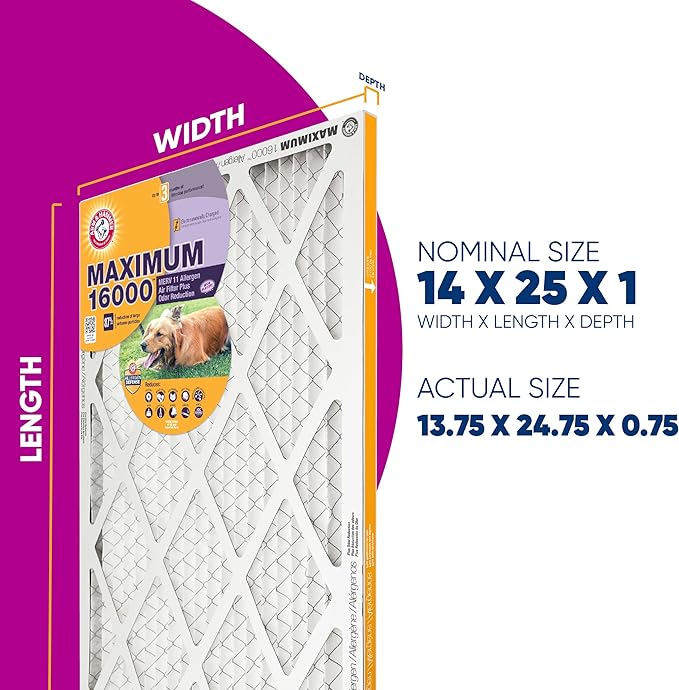 Arm & Hammer Max Allergen & Odor Reduction 14x25x1 Air and Furnace Filter, MERV 11, 4-Pack