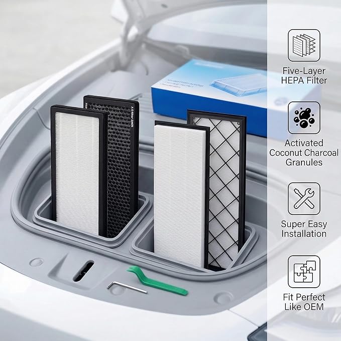 HEPA Cabin Air Filter Compatible with Tesla Model Y 2020-2026 (Including Juniper), Activated Carbon Car Air Intake Filter Set for Front Trunk & Interior, Includes Installation Tools